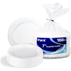 PAMI Premium Disposable Plastic [Pack of 100] – 7” White Party Plates For Dinner Desserts Appetizers- Heavy-Duty Microwavable Plates In Bulk For Any Occasion- Elegant Plastic Dinnerware Set