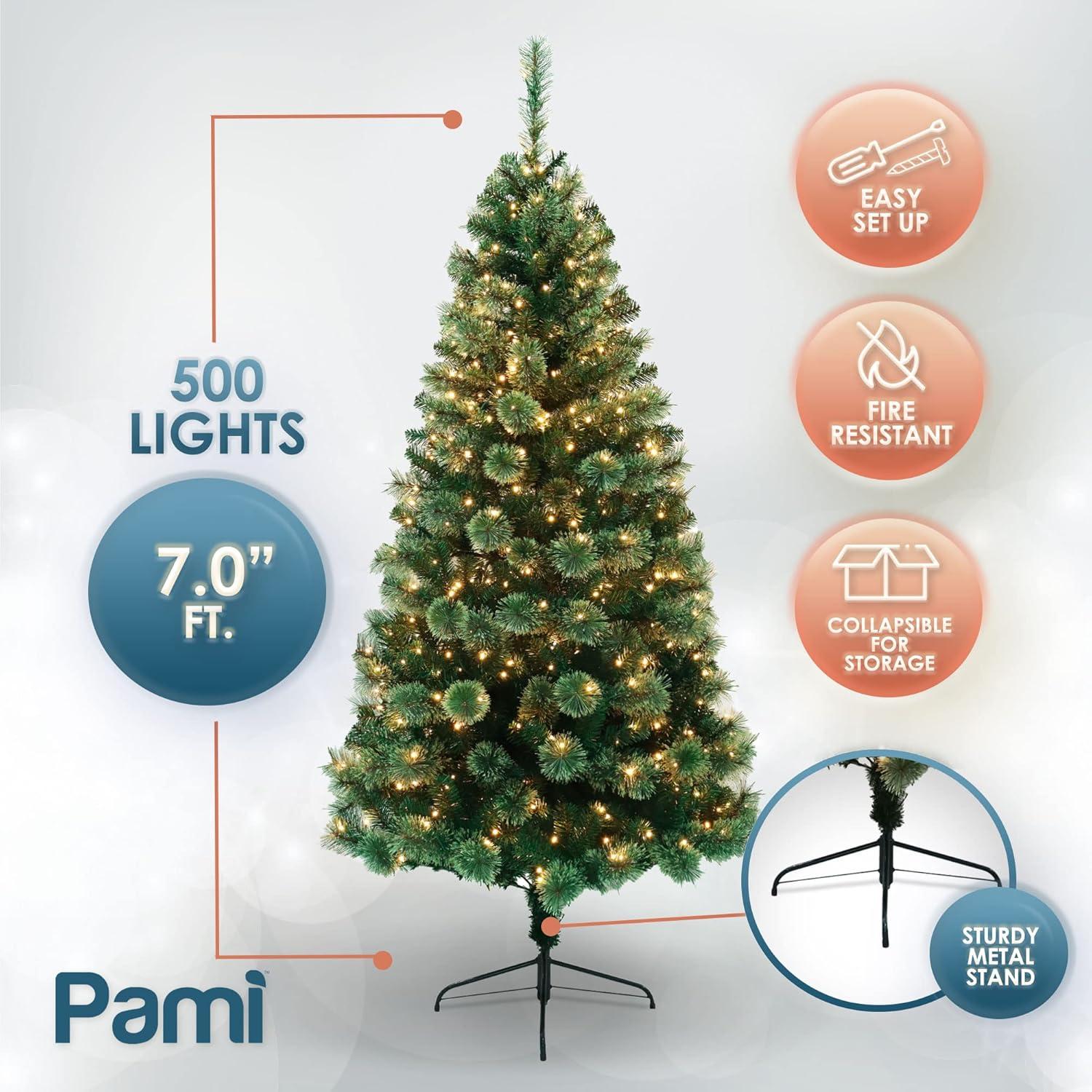 imageArtificial PreLit Christmas Tree By PAMI 7ft Fraser Fir Tree With 648 Tips amp 500 Lights Green Fake Christmas Tree With Metal Stand EasyAssembly FoldUp Realistic Xmas Tree For Holiday Home Dcor