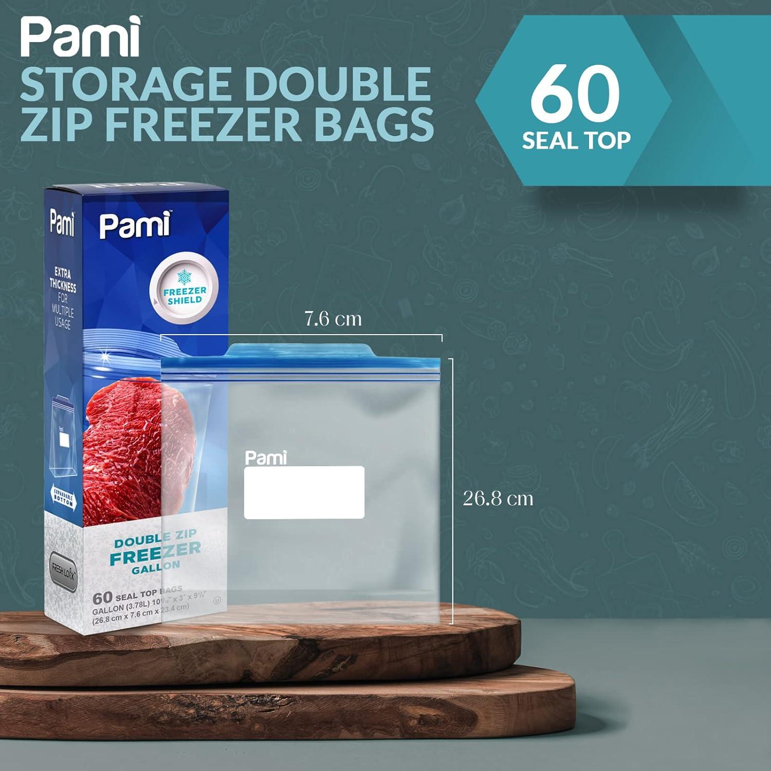 imagePAMI 60 Ct Reusable Leakproof Gallon Slider Freezer Bags with Expandable Bottom Double Zipper Closure Write on Label