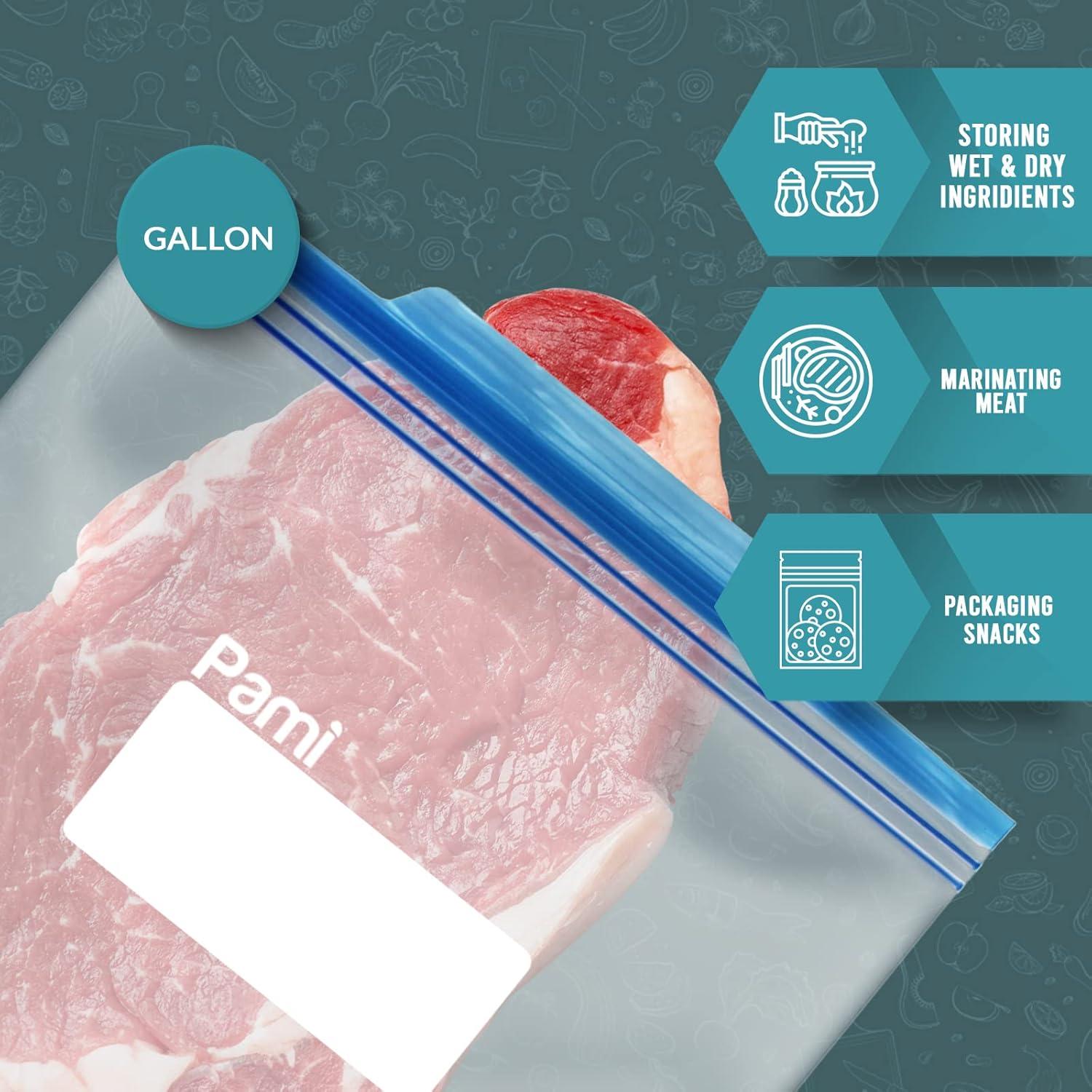 imagePAMI 60 Ct Reusable Leakproof Gallon Slider Freezer Bags with Expandable Bottom Double Zipper Closure Write on Label