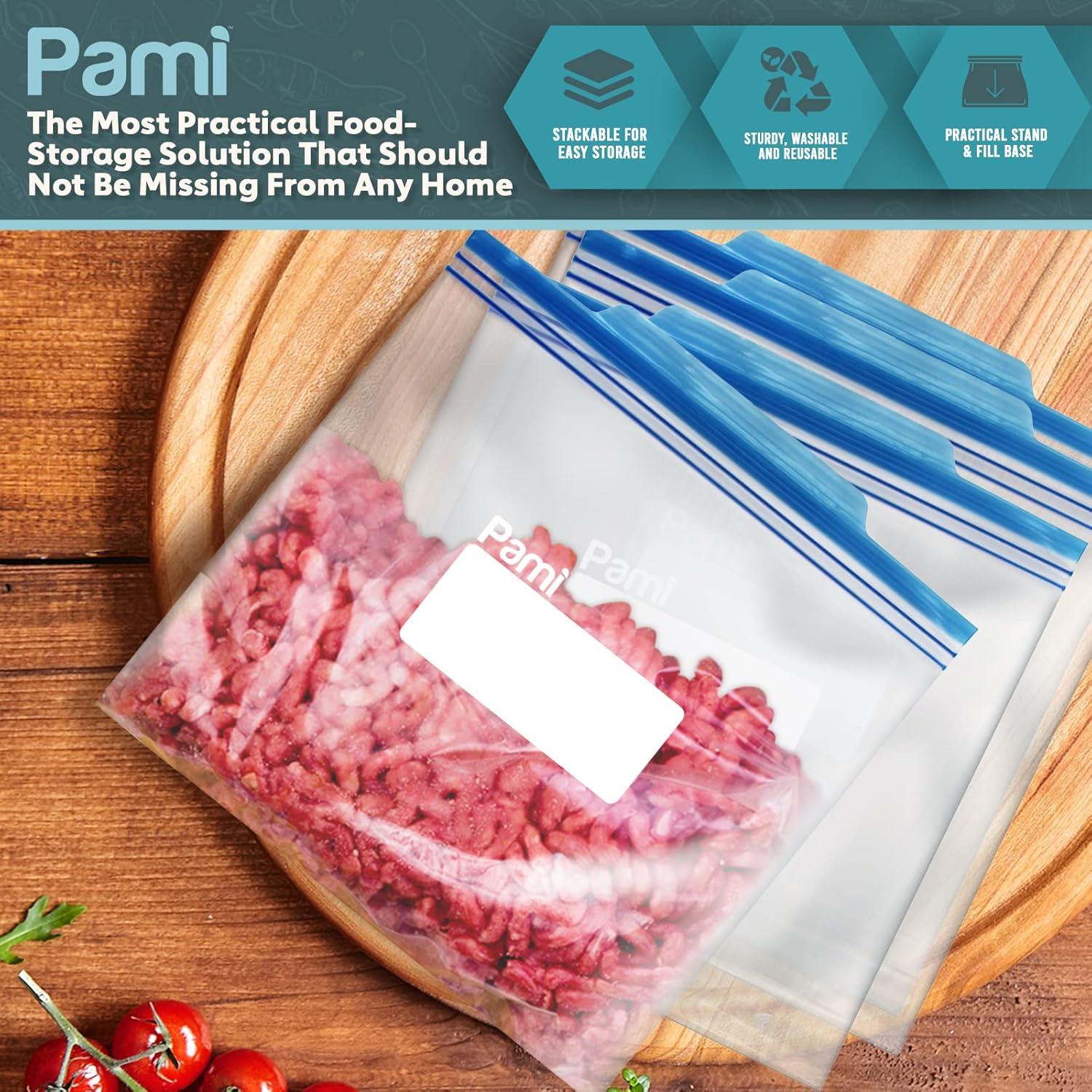 imagePAMI 60 Ct Reusable Leakproof Gallon Slider Freezer Bags with Expandable Bottom Double Zipper Closure Write on Label