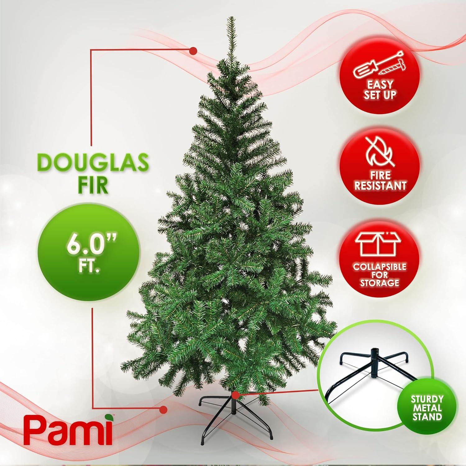 imagePAMI Artificial Christmas Tree 6ft Douglas Fir Tree with 802 Tips Green Christmas Tree with Metal Stand EasyAssembly FoldUp Realistic Xmas Tree for Holiday Home Dcor