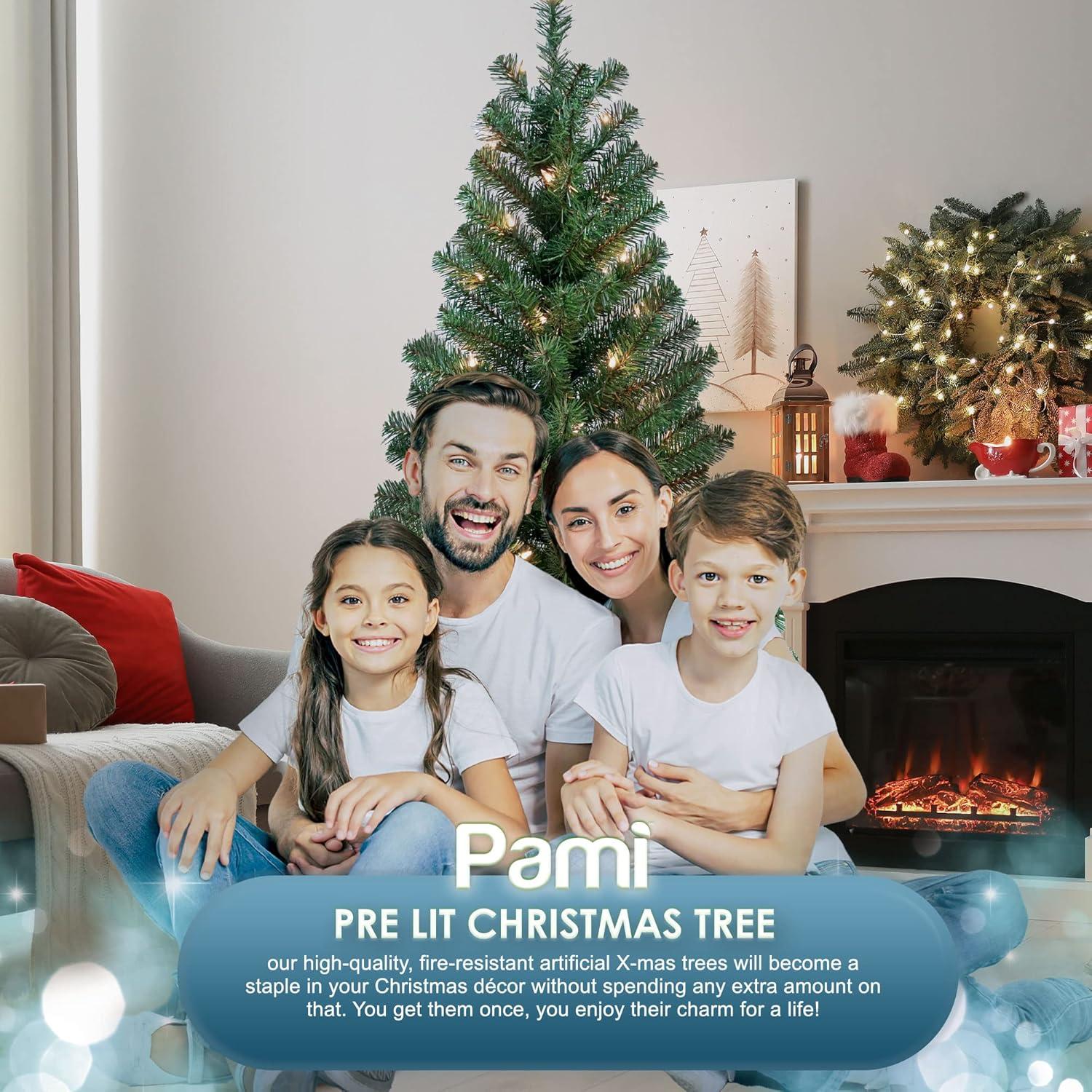 imagePAMI Artificial PreLit Christmas Tree 4ft Fraser Fir Tree with 98 Tips amp 50 Lights Green Fake Christmas Tree with Metal Stand EasyAssembly FoldUp Realistic Xmas Tree for Holiday Home Dcor