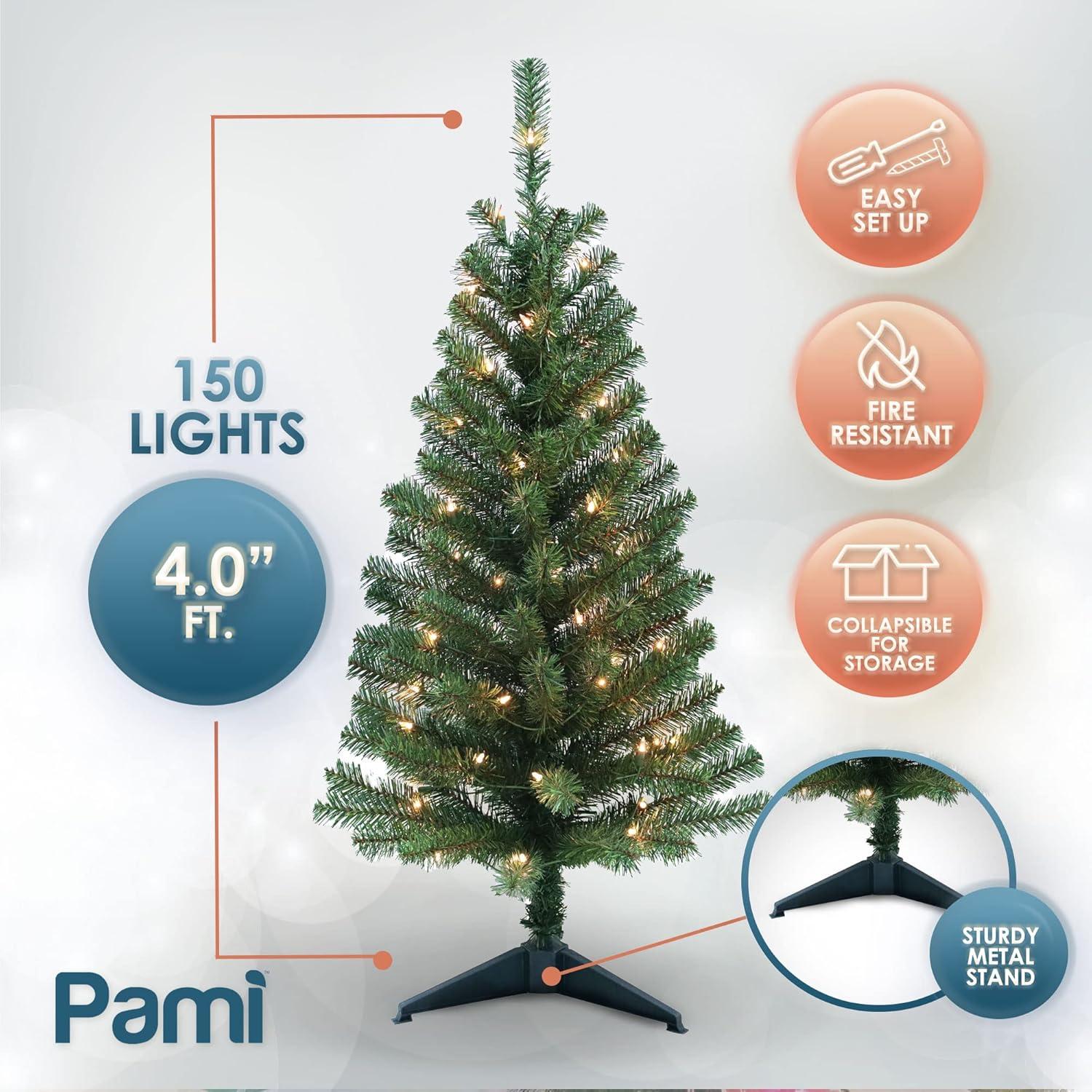 imagePAMI Artificial PreLit Christmas Tree 4ft Fraser Fir Tree with 98 Tips amp 50 Lights Green Fake Christmas Tree with Metal Stand EasyAssembly FoldUp Realistic Xmas Tree for Holiday Home Dcor