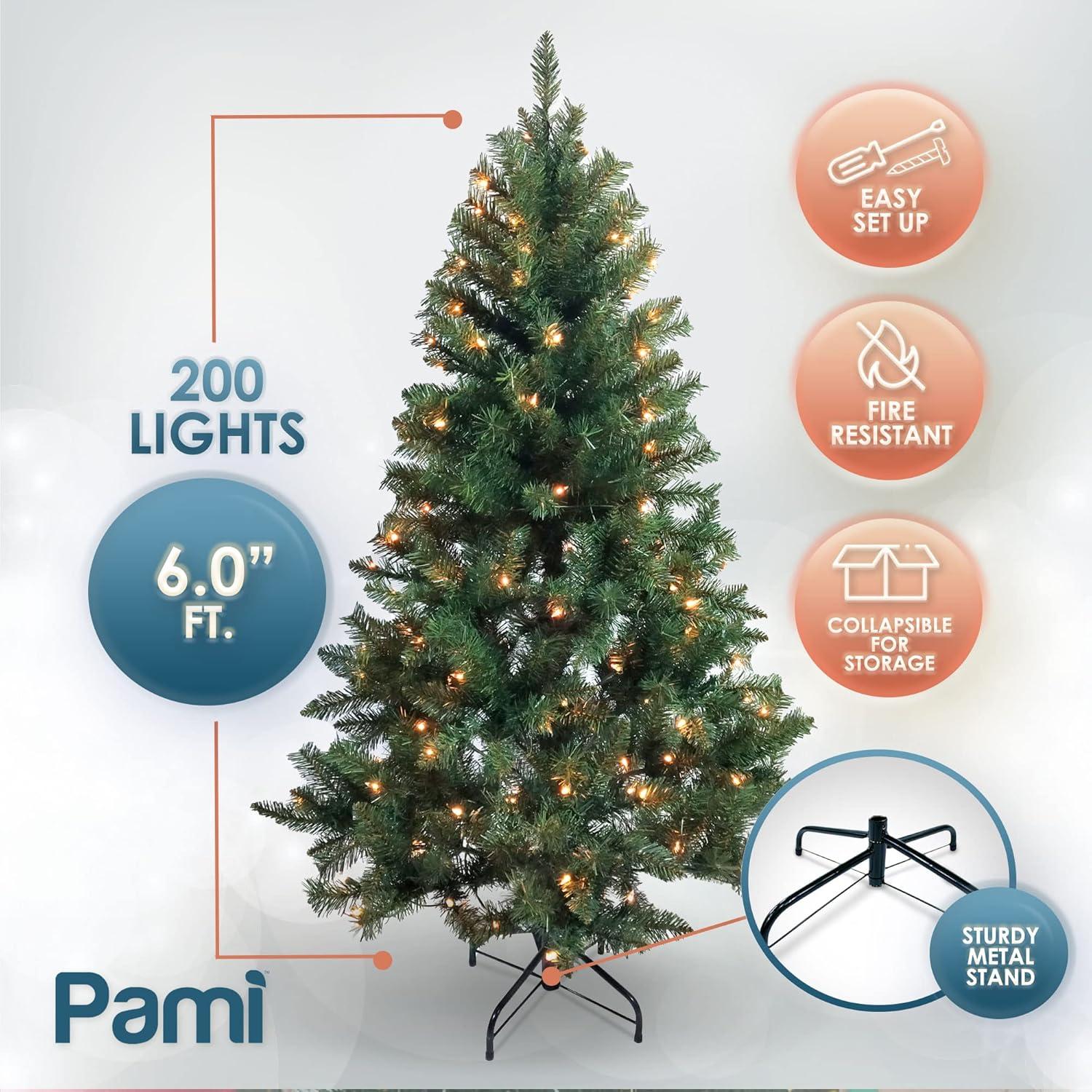 imagePAMI Artificial PreLit Christmas Tree 6ft Douglas Fir Tree with 600 Tips amp 200 Lights Green Christmas Tree with Metal Stand EasyAssembly FoldUp Realistic Xmas Tree for Holiday Home Dcor