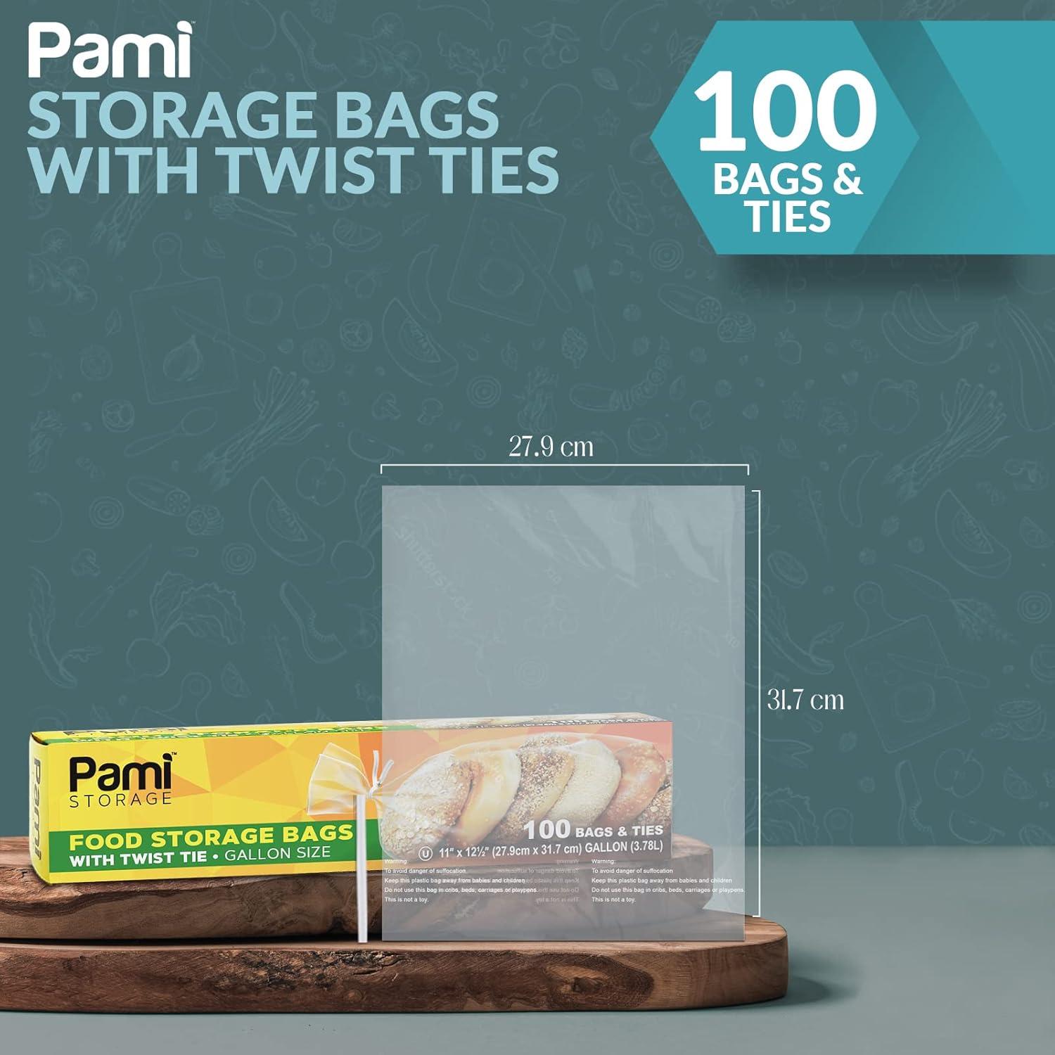 imagePAMI Gallon Twist Tie Storage Bags 100 Disposable Plastic FoodSafe Baggies with Ties 11x125 in Versatile for Kitchen Home Office Uses