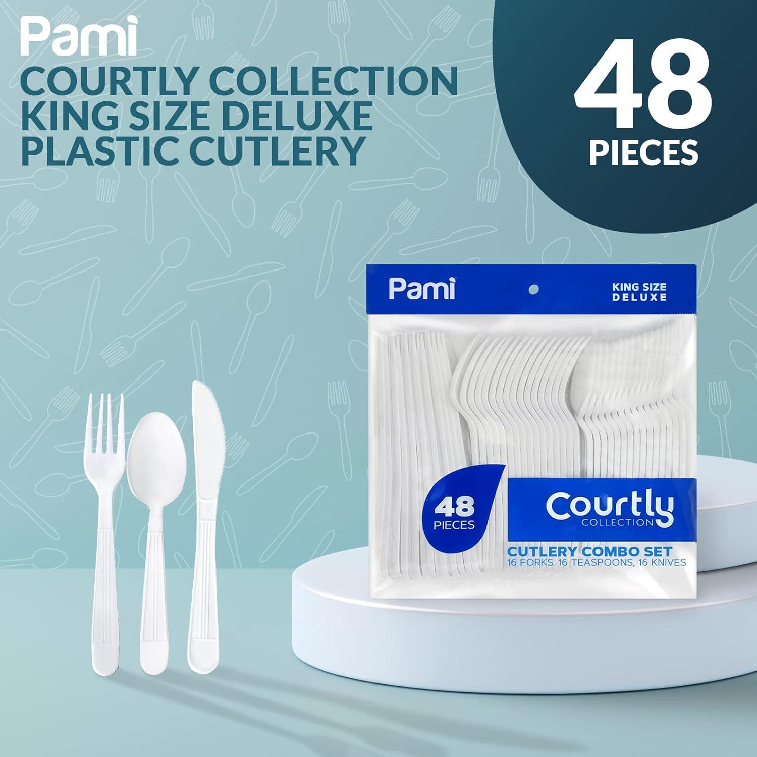 imagePAMI HeavyWeight Disposable Plastic Forks 50Pack Bulk King Size Deluxe White Plastic Silverware For Parties Weddings Catering Food Stands Takeaway HeavyDuty SingleUse Partyware ForksCombo Set ForksTeaspoonsKnives