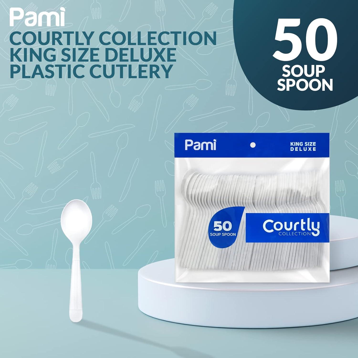 imagePAMI HeavyWeight Disposable Plastic Forks 50Pack Bulk King Size Deluxe White Plastic Silverware For Parties Weddings Catering Food Stands Takeaway HeavyDuty SingleUse Partyware ForksSoup Spoons