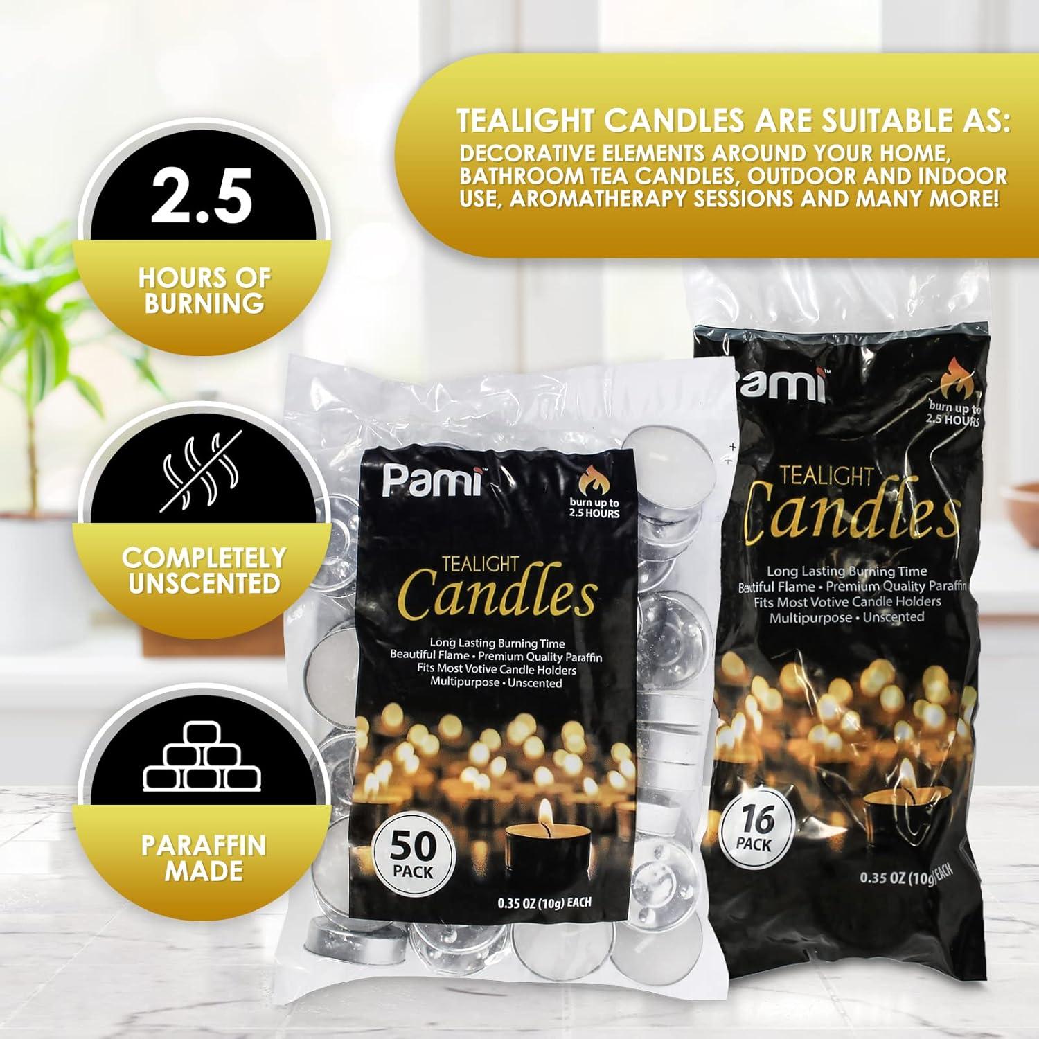 imagePAMI Premium LongLasting Tealight Candles 16Piece Bag with 25 Hours Burning Time Paraffin Tealights with Beautiful Flame Round Candles Perfect for Votive Candle Holders16Piece Bag