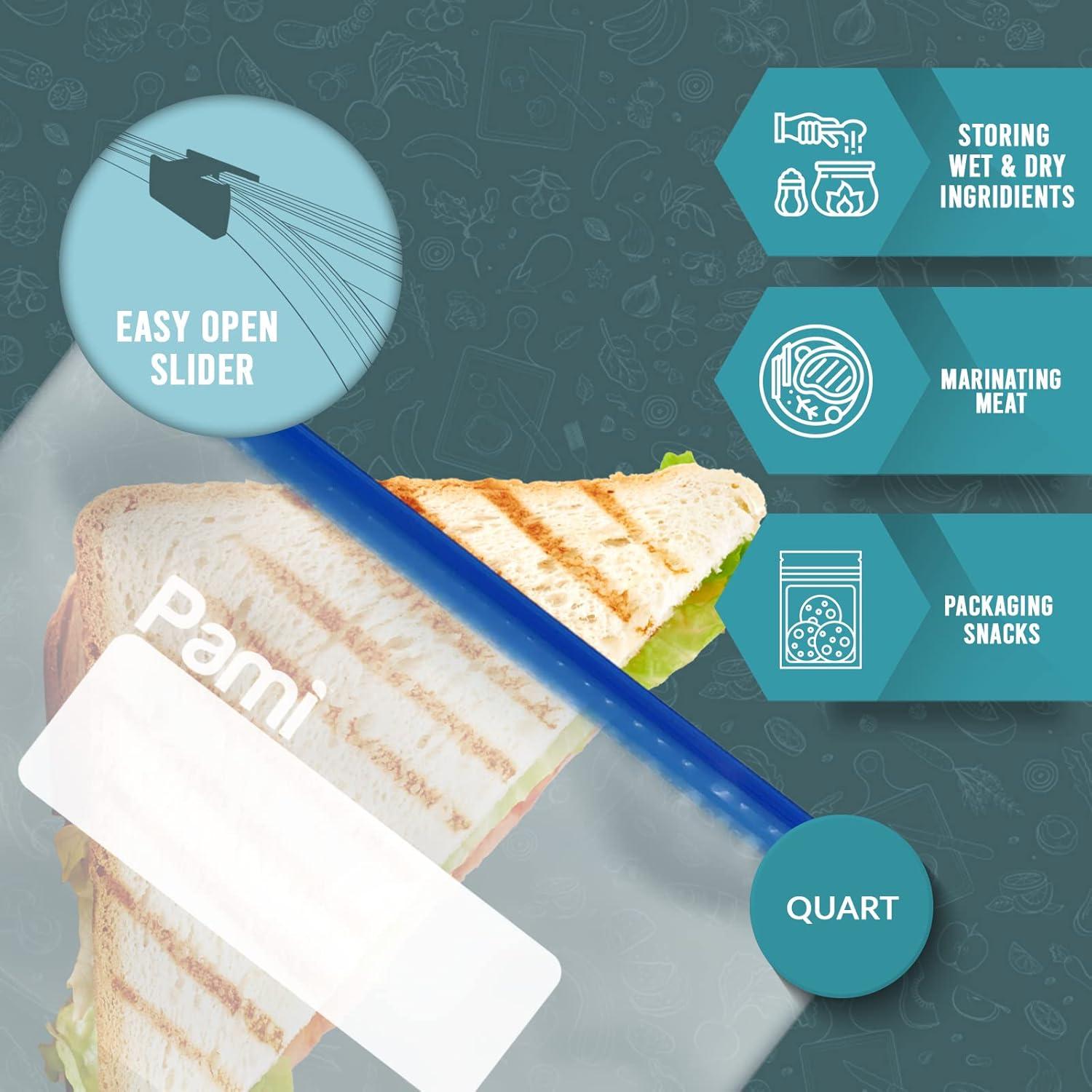 imagePAMI Slider Freezer Bags Quart Size with Expandable Bottom Leakproof and FoodSafe Pack of 50