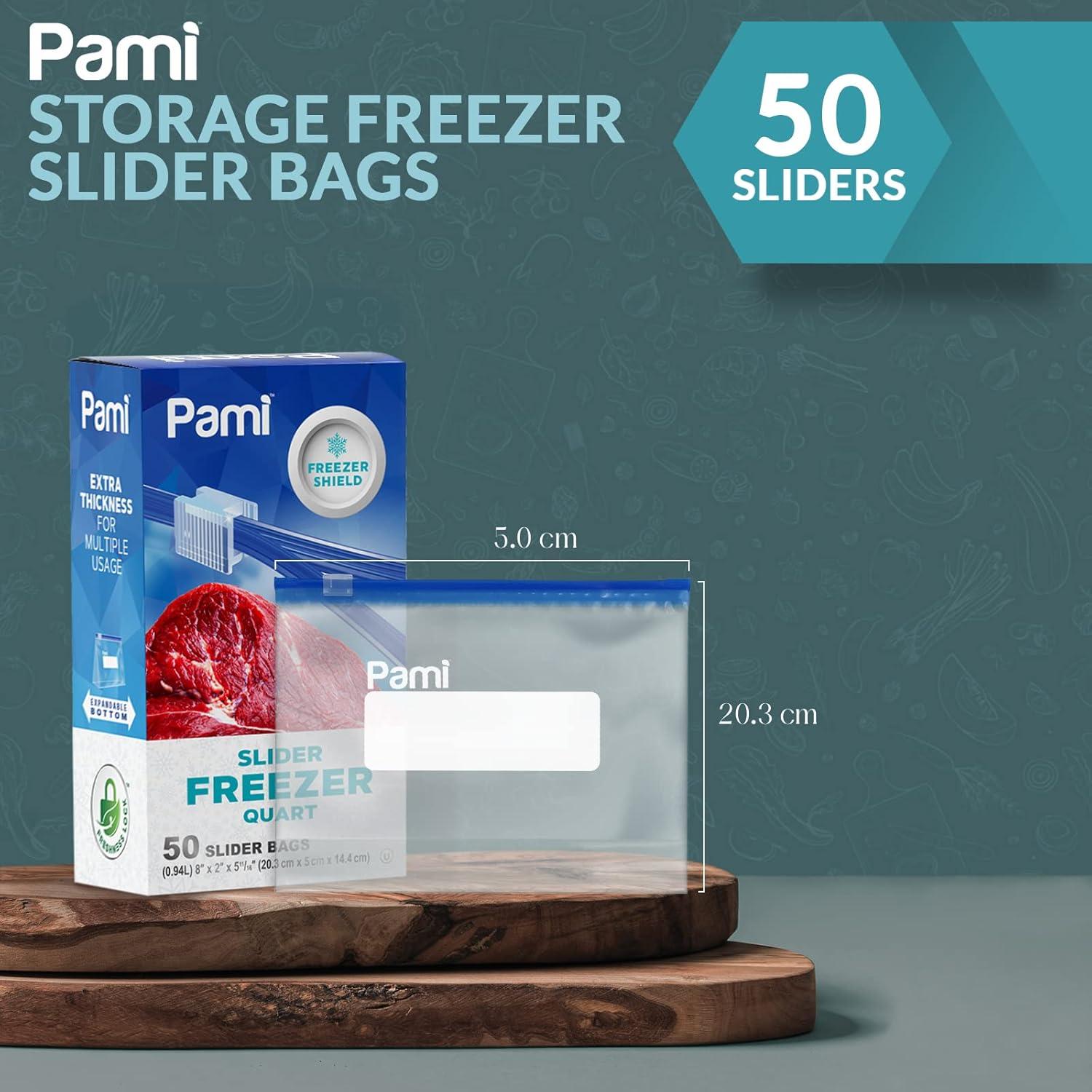 imagePAMI Slider Freezer Bags Quart Size with Expandable Bottom Leakproof and FoodSafe Pack of 50
