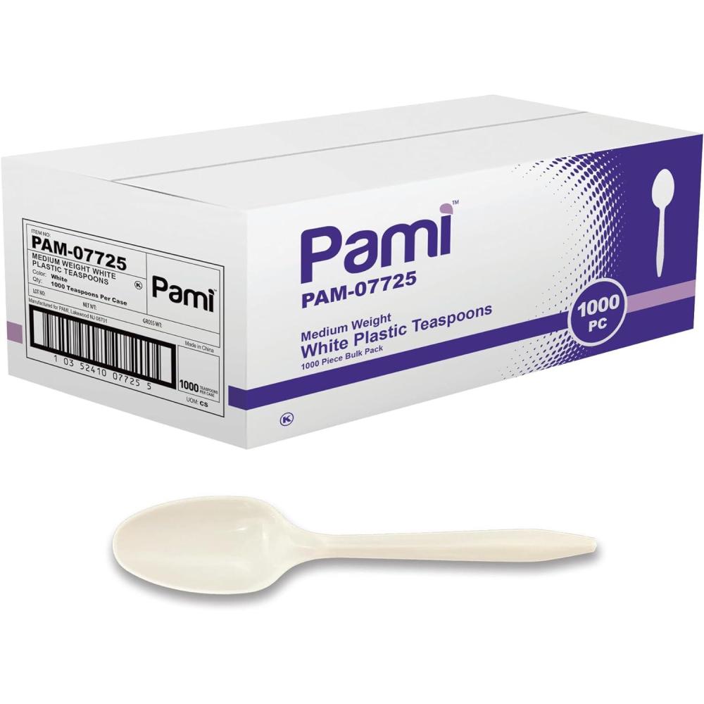 imagePAMI 1000 Plastic Soup Spoons Bulk Disposable White Medium Weight Durable SingleUse Cutlery for Parties Catering Food ServiceTeaspoons