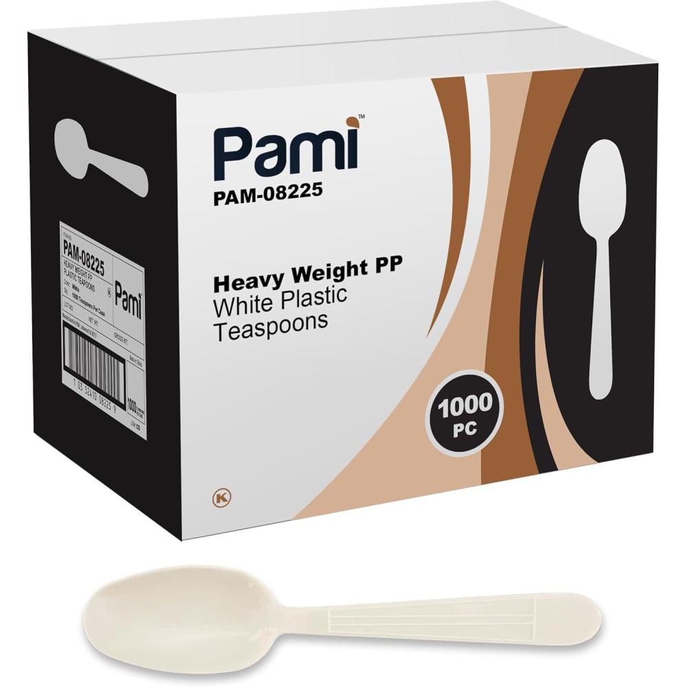 imagePAMI 1000Pack Durable Heavy Weight Disposable Plastic Cutlery for Parties Weddings Catering Knives Regular WhiteTeaspoons
