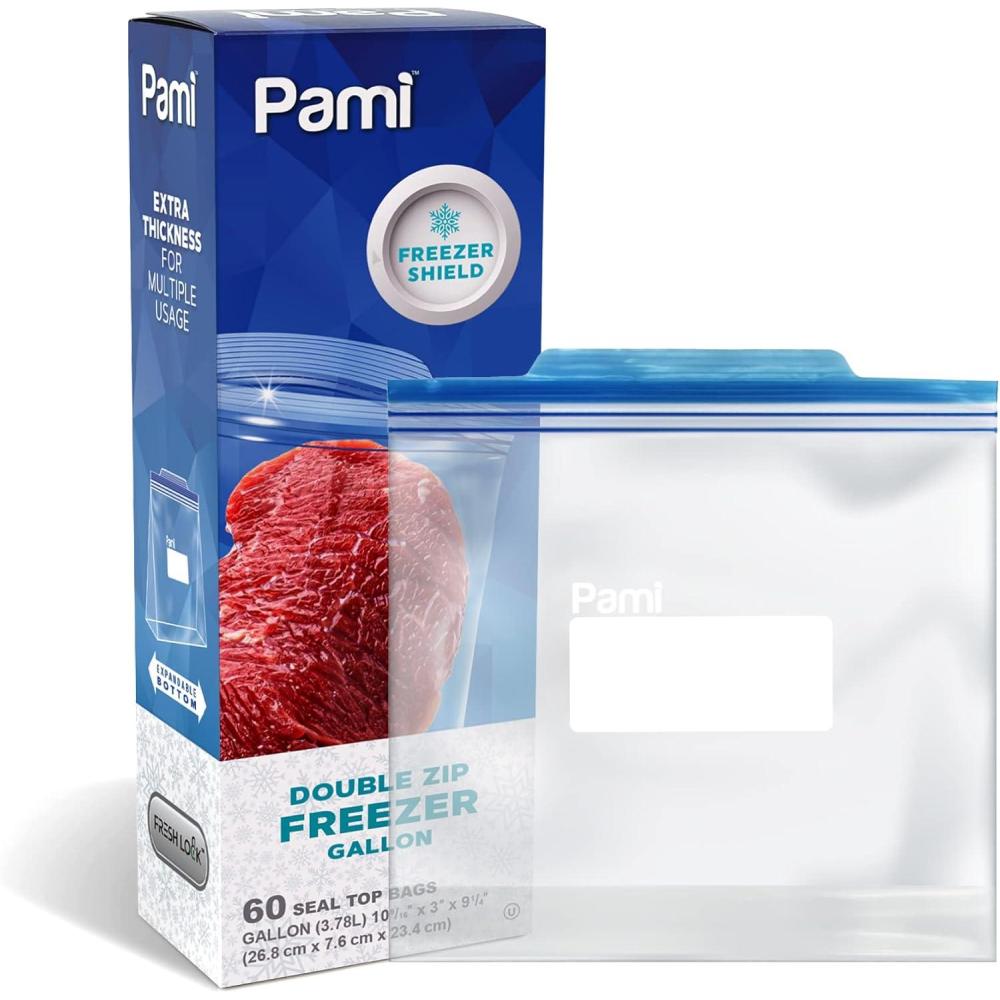 imagePAMI 60 Ct Reusable Leakproof Gallon Slider Freezer Bags with Expandable Bottom Double Zipper Closure Write on Label