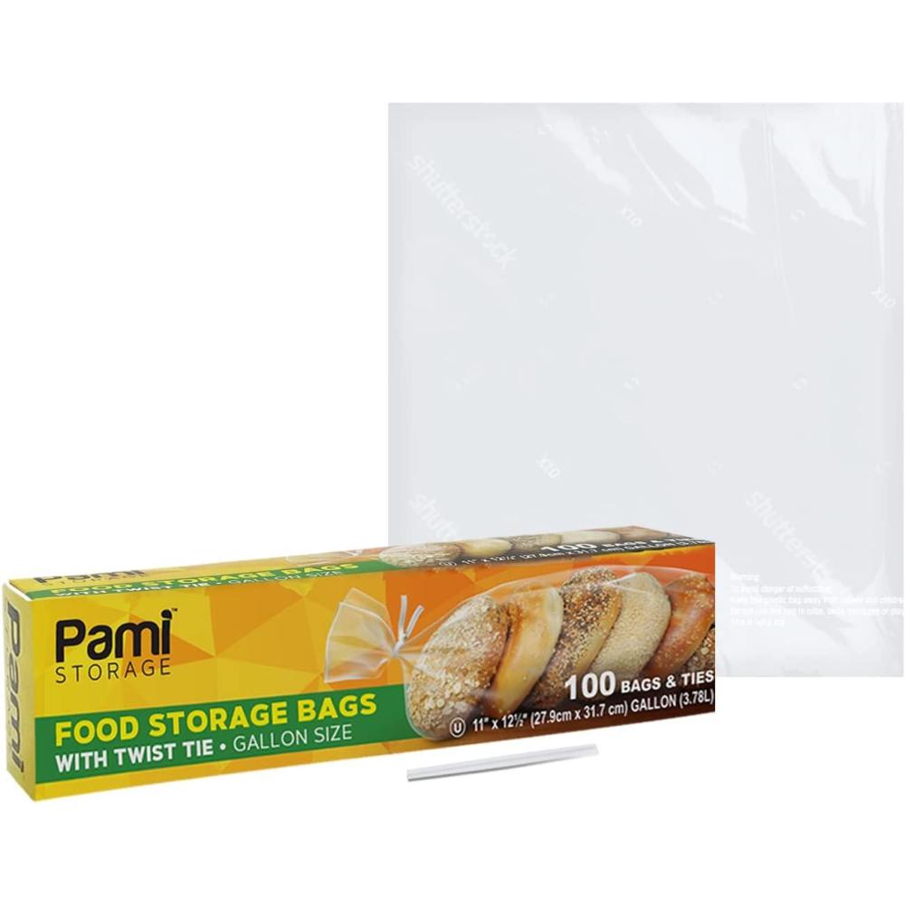 imagePAMI Gallon Twist Tie Storage Bags 100 Disposable Plastic FoodSafe Baggies with Ties 11x125 in Versatile for Kitchen Home Office Uses