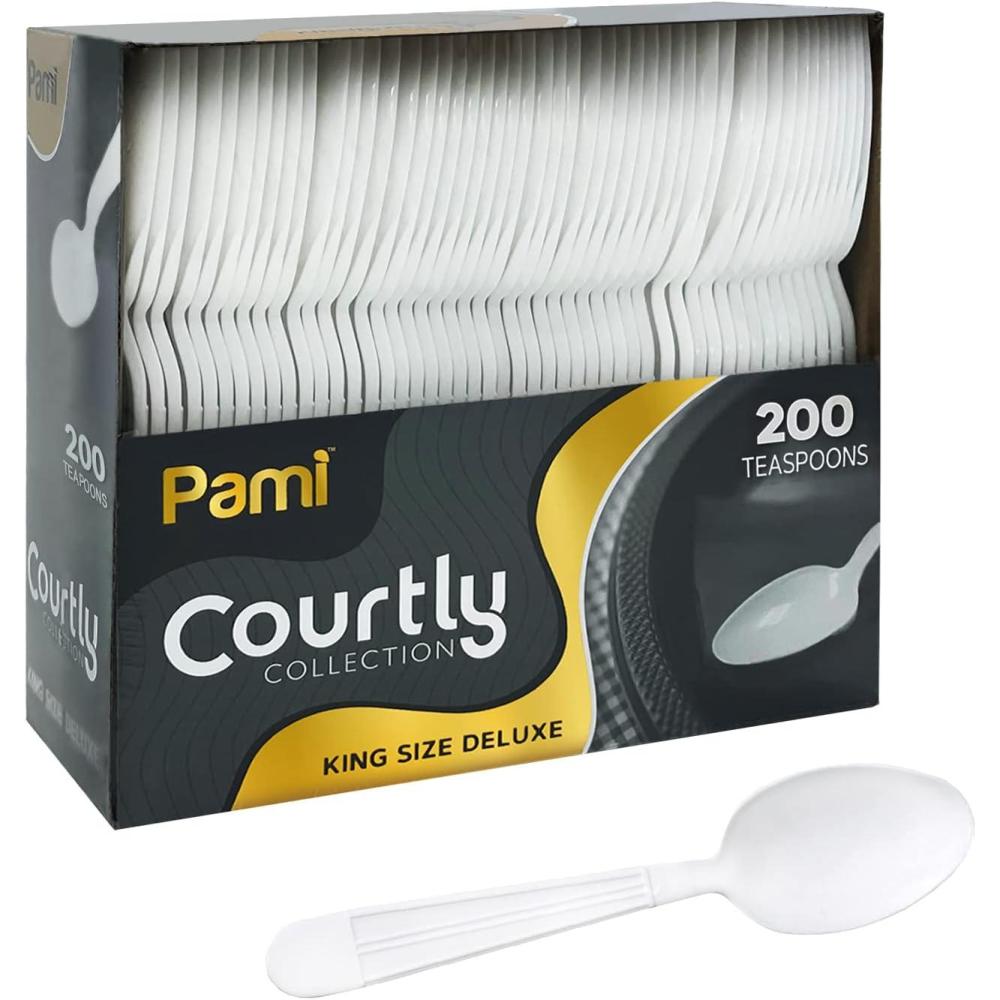 imagePAMI Heavy Weight Disposable Plastic Soup Spoons 200Pack Bulk King Size Deluxe White Plastic Silverware For Parties Weddings Catering Food Stands Takeaway HeavyDuty SingleUse PartywareTeaspoons