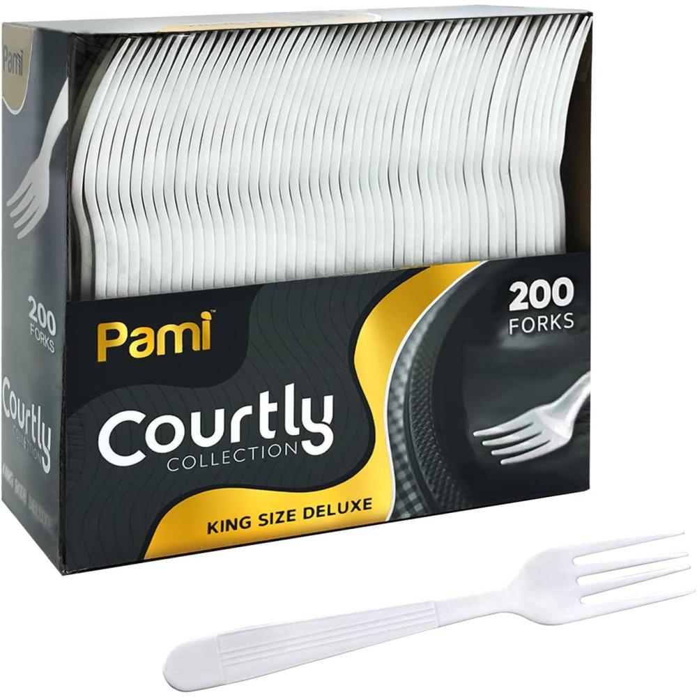 imagePAMI Heavy Weight Disposable Plastic Soup Spoons 200Pack Bulk King Size Deluxe White Plastic Silverware For Parties Weddings Catering Food Stands Takeaway HeavyDuty SingleUse PartywareForks