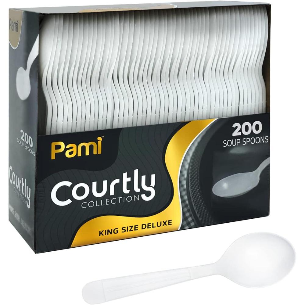 imagePAMI Heavy Weight Disposable Plastic Soup Spoons 200Pack Bulk King Size Deluxe White Plastic Silverware For Parties Weddings Catering Food Stands Takeaway HeavyDuty SingleUse PartywareSoup Spoons