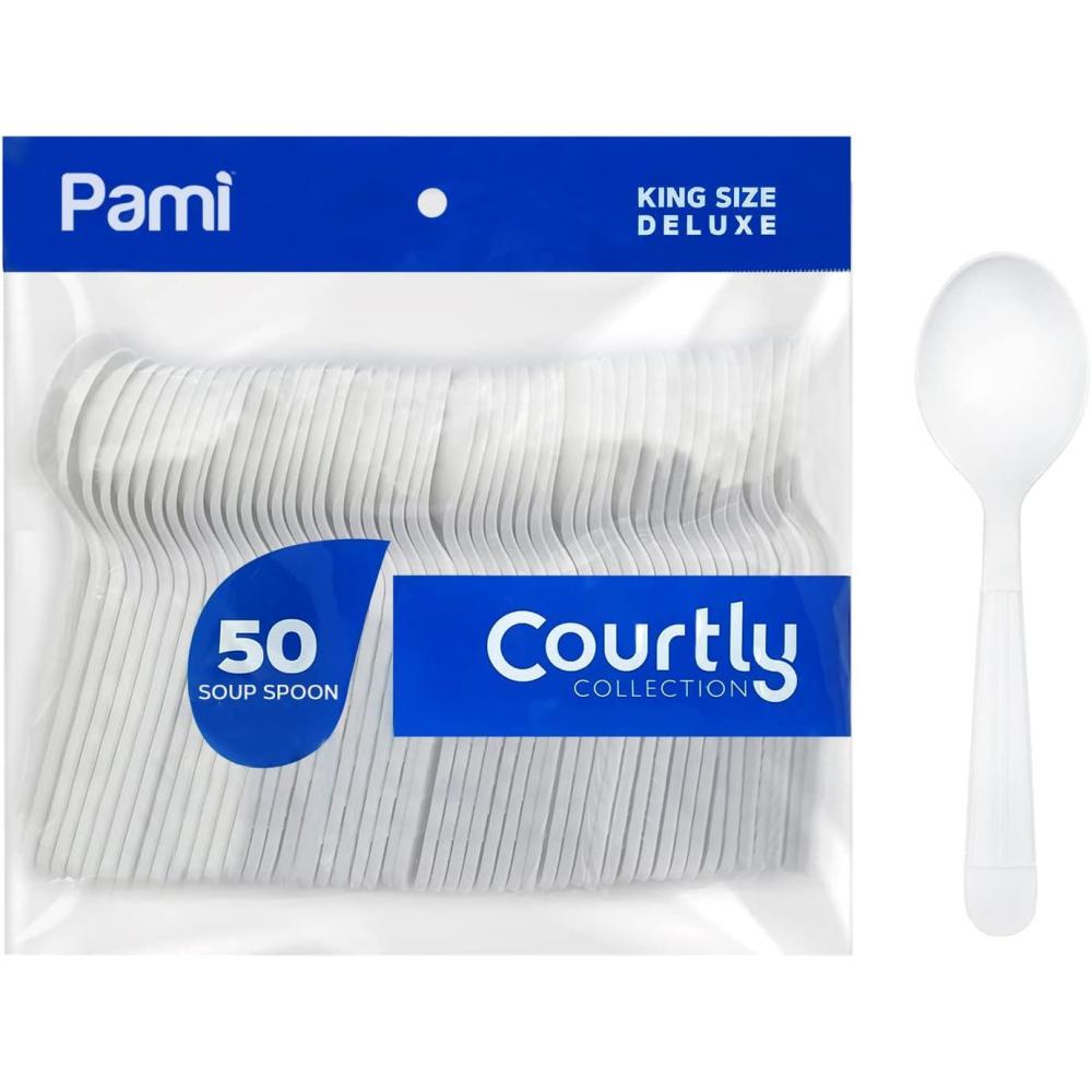 imagePAMI HeavyWeight Disposable Plastic Forks 50Pack  Bulk King Size Deluxe White Plastic Silverware For Parties Weddings Catering Food Stands Takeaway HeavyDuty SingleUse Partyware ForksSoup Spoons