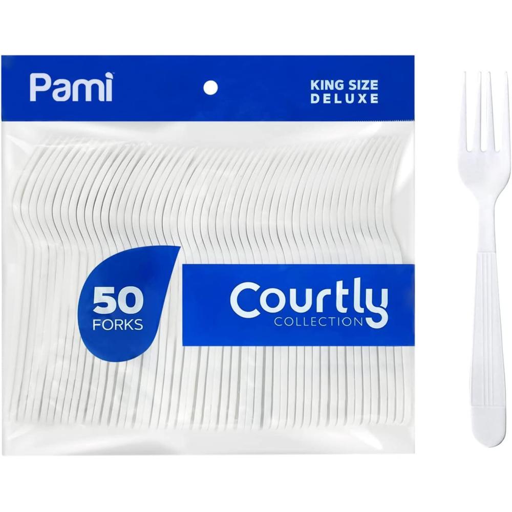 imagePAMI HeavyWeight Disposable Plastic Forks 50Pack Bulk King Size Deluxe White Plastic Silverware For Parties Weddings Catering Food Stands Takeaway HeavyDuty SingleUse Partyware ForksForks