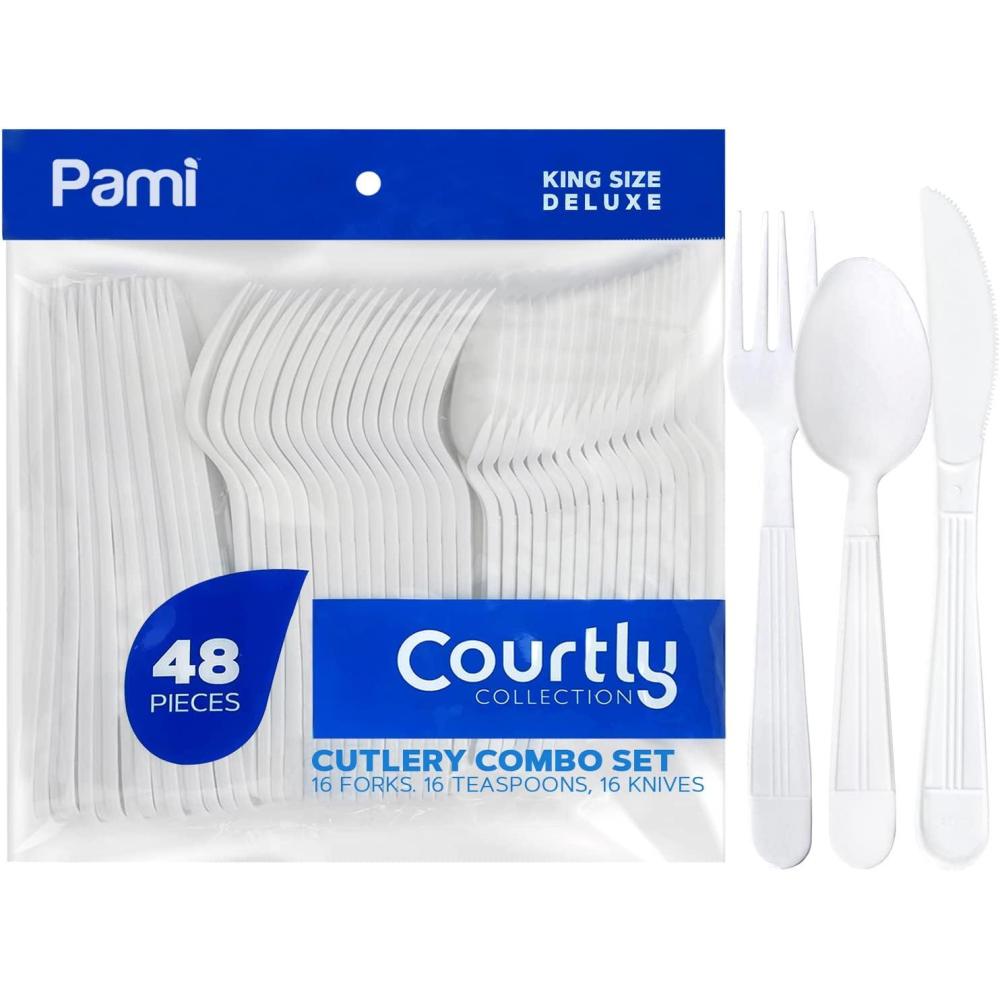imagePAMI HeavyWeight Disposable Plastic Forks 50Pack Bulk King Size Deluxe White Plastic Silverware For Parties Weddings Catering Food Stands Takeaway HeavyDuty SingleUse Partyware ForksCombo Set ForksTeaspoonsKnives