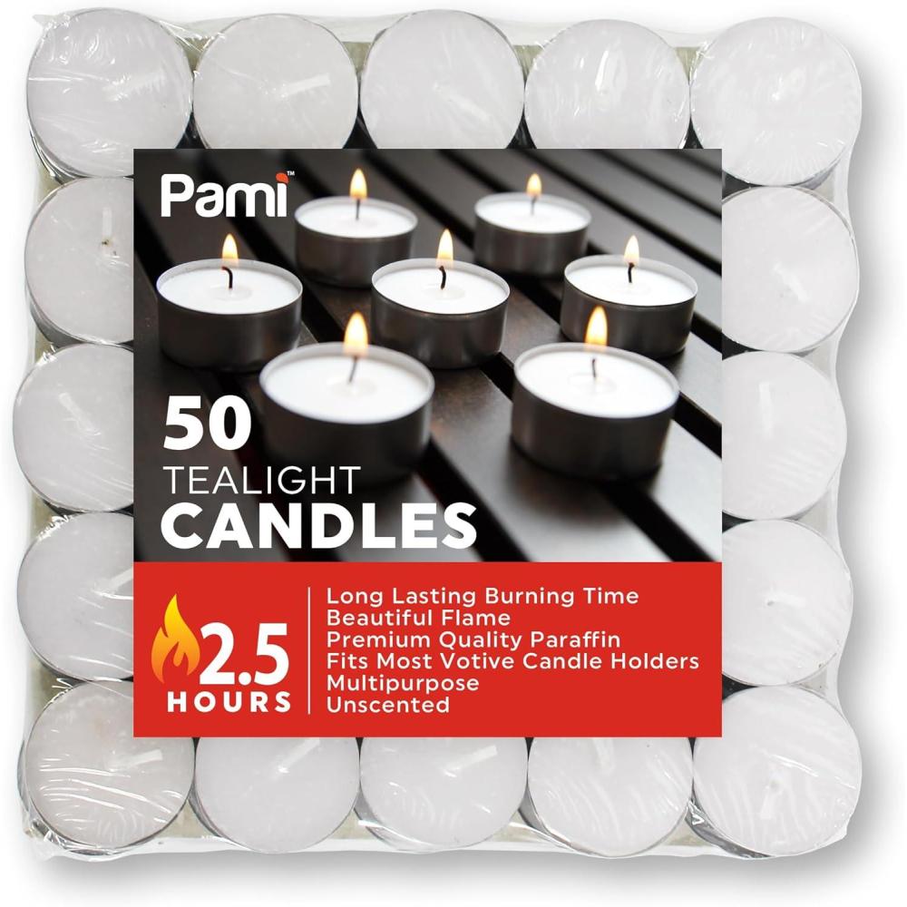 imagePAMI Premium LongLasting Tealight Candles 16Piece Bag with 25 Hours Burning Time Paraffin Tealights with Beautiful Flame Round Candles Perfect for Votive Candle Holders50Piece Box