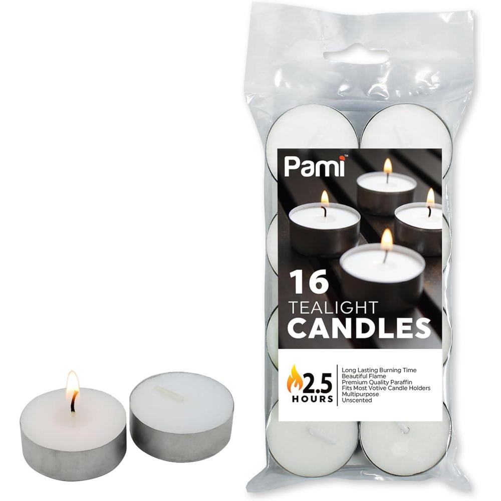 imagePAMI Premium LongLasting Tealight Candles 16Piece Bag with 25 Hours Burning Time Paraffin Tealights with Beautiful Flame Round Candles Perfect for Votive Candle Holders16Piece Bag