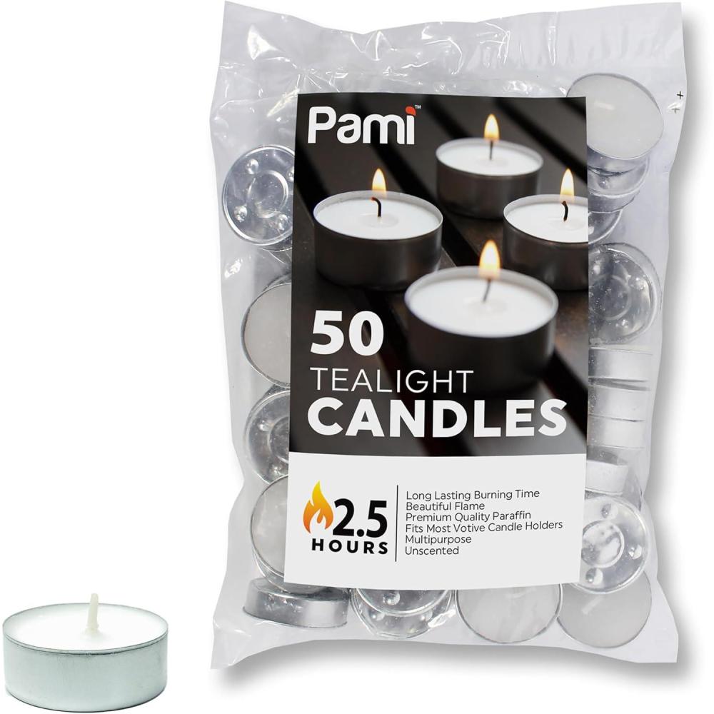 imagePAMI Premium LongLasting Tealight Candles 16Piece Bag with 25 Hours Burning Time Paraffin Tealights with Beautiful Flame Round Candles Perfect for Votive Candle Holders50Piece Bag