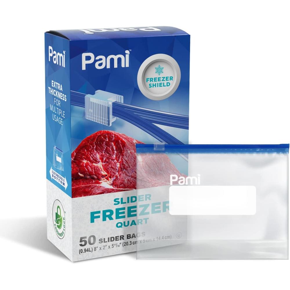 imagePAMI Slider Freezer Bags Quart Size with Expandable Bottom Leakproof and FoodSafe Pack of 50