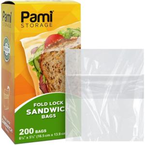 PAMI Fold Top Sandwich Bags [200 Pieces], Disposable Plastic Sandwich Bags No Zipper, Easy Open Fold Top Baggies for Lunch, Snacks, Fruits