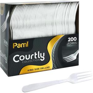 PAMI Heavy Weight Disposable Plastic Soup Spoons [200-Pack] – Bulk King Size Deluxe White Plastic Silverware For Parties, Weddings, Catering Food Stands, Takeaway- Heavy-Duty Single-Use Partyware(Forks)
