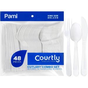 PAMI Heavy-Weight Disposable Plastic Forks [50-Pack] – Bulk King Size Deluxe White Plastic Silverware For Parties, Weddings, Catering Food Stands, Takeaway- Heavy-Duty Single-Use Partyware Forks(Combo Set – Forks/Teaspoons/Knives)