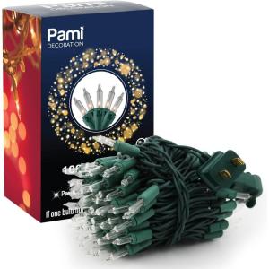 PAMI White Christmas Tree Lights with Green Wire [100 Light Set] – Clear Christmas String Lights for Indoors & Outdoors- Plug-in Xmas Lights for Holiday Decor, Wedding, Diwali, Halloween, Parties