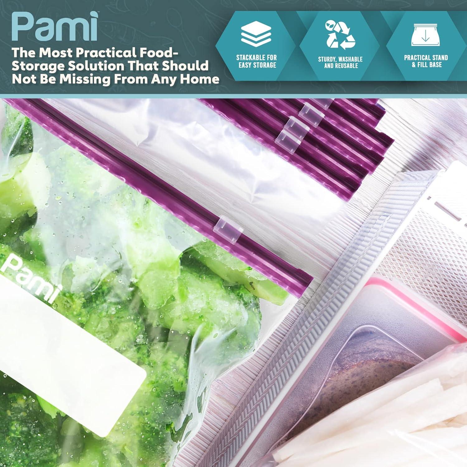imagePAMI Thick Leakproof Reusable Slider Zipper Food Storage Bags for Pantry and Freezer with Expandable Base and WriteOn Label Quart 50 Clear40