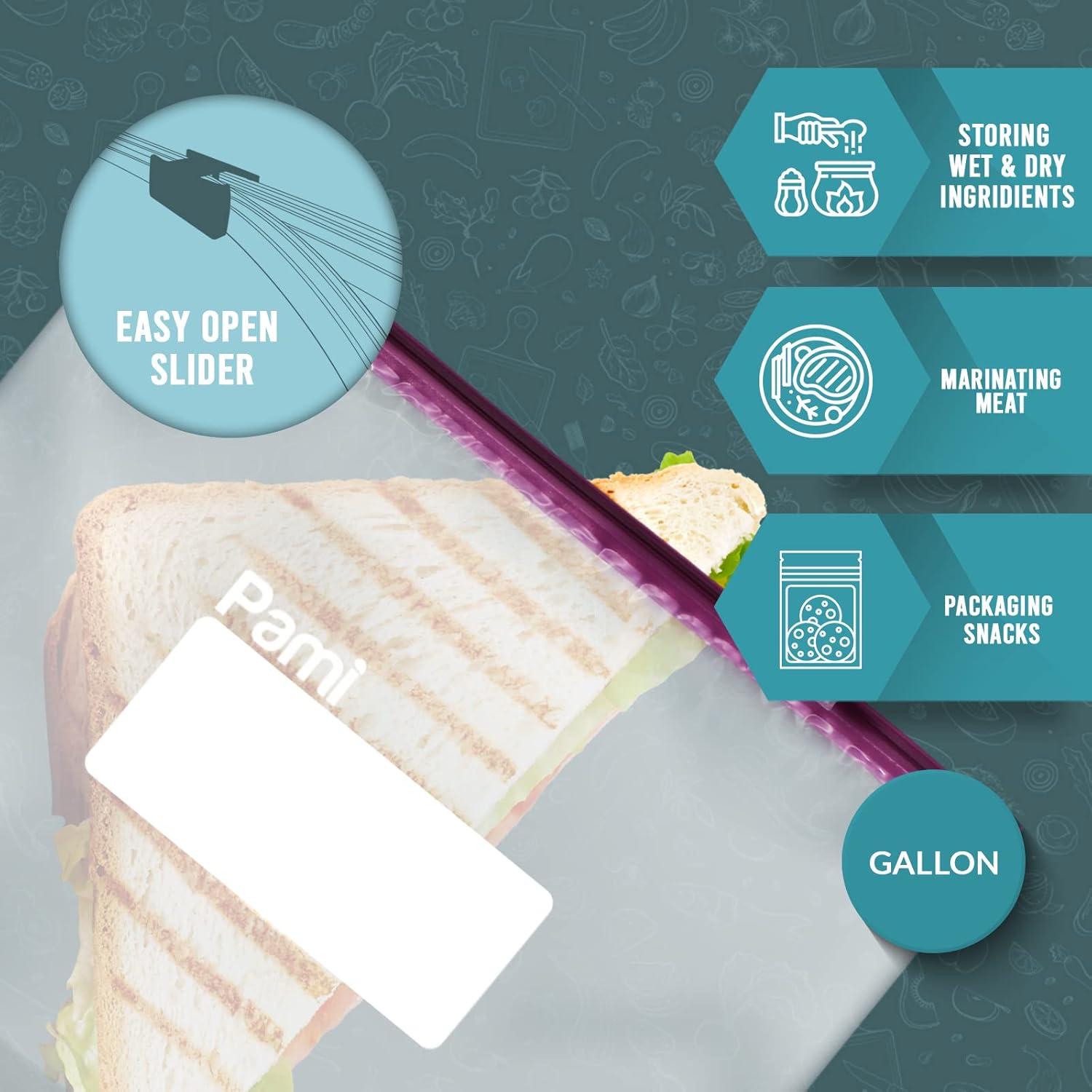 imagePAMI Thick Leakproof Reusable Slider Zipper Food Storage Bags for Pantry and Freezer with Expandable Base and WriteOn Label Quart 50 Clear40