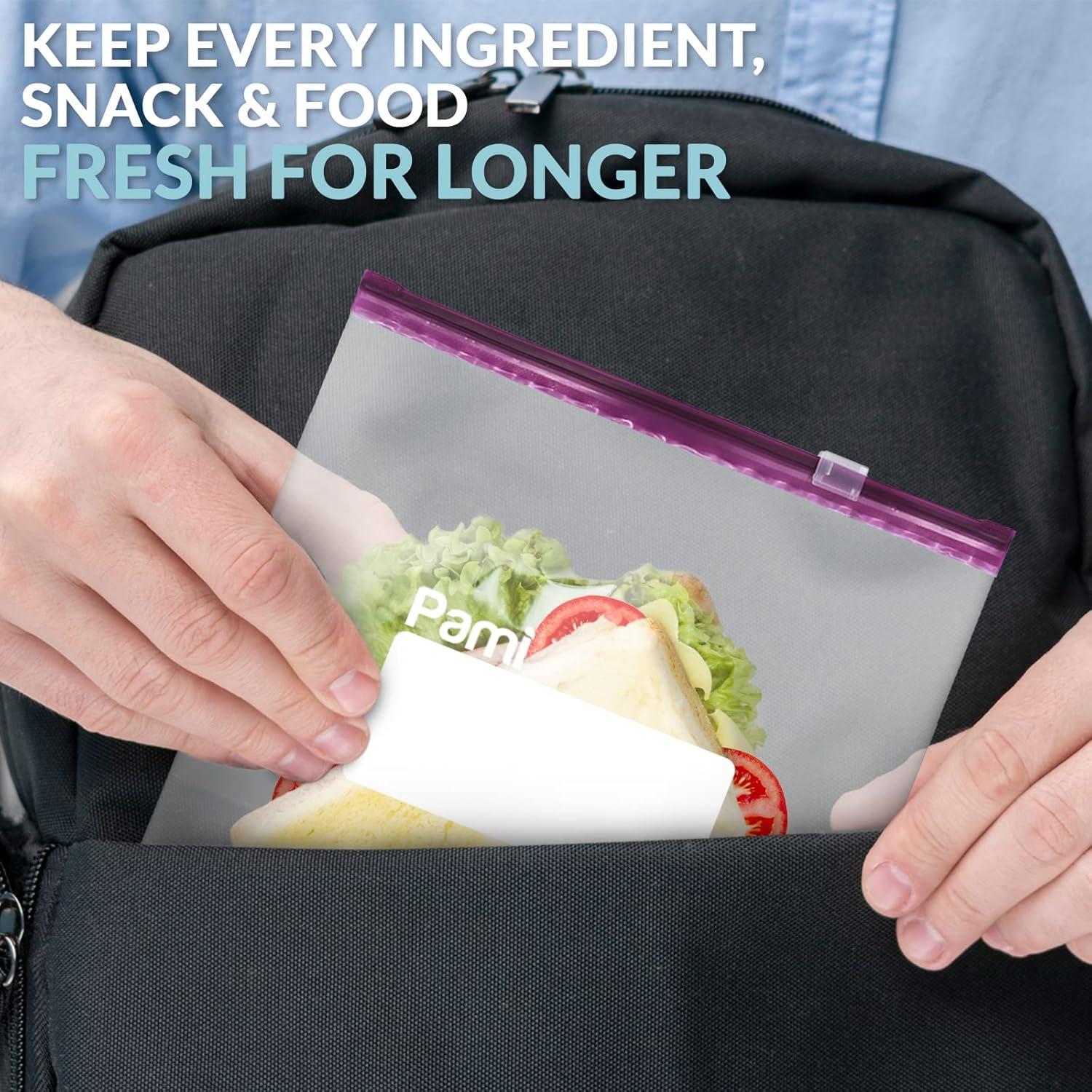 imagePAMI Thick Leakproof Reusable Slider Zipper Food Storage Bags for Pantry and Freezer with Expandable Base and WriteOn Label Quart 50 Clear40