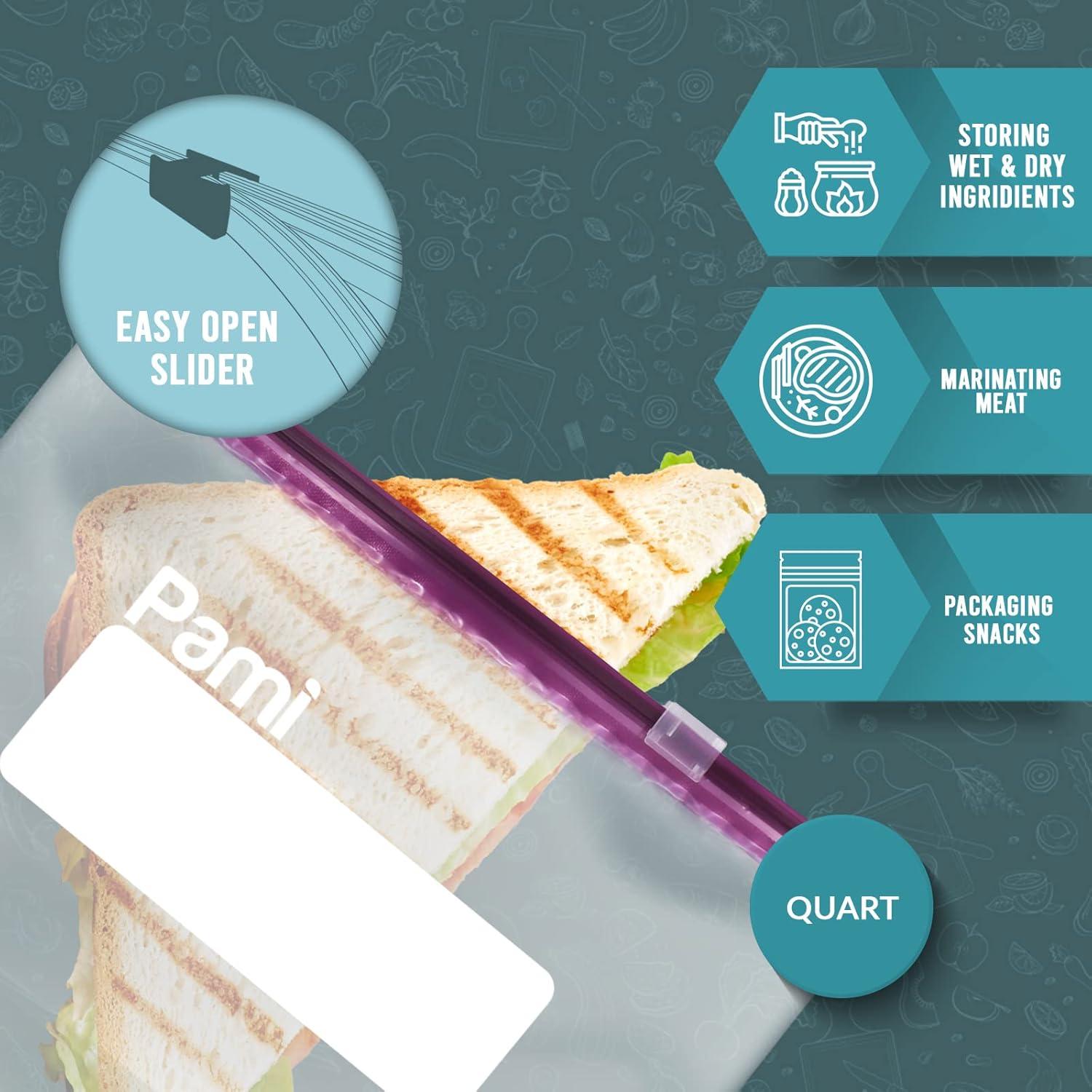 imagePAMI Thick Leakproof Reusable Slider Zipper Food Storage Bags for Pantry and Freezer with Expandable Base and WriteOn Label Quart 50 Clear50