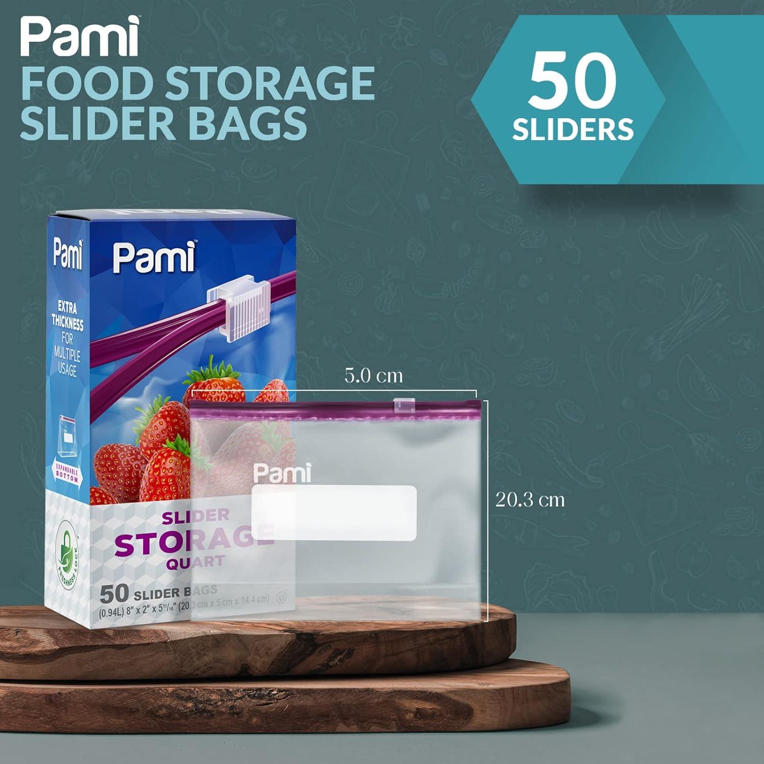 imagePAMI Thick Leakproof Reusable Slider Zipper Food Storage Bags for Pantry and Freezer with Expandable Base and WriteOn Label Quart 50 Clear50