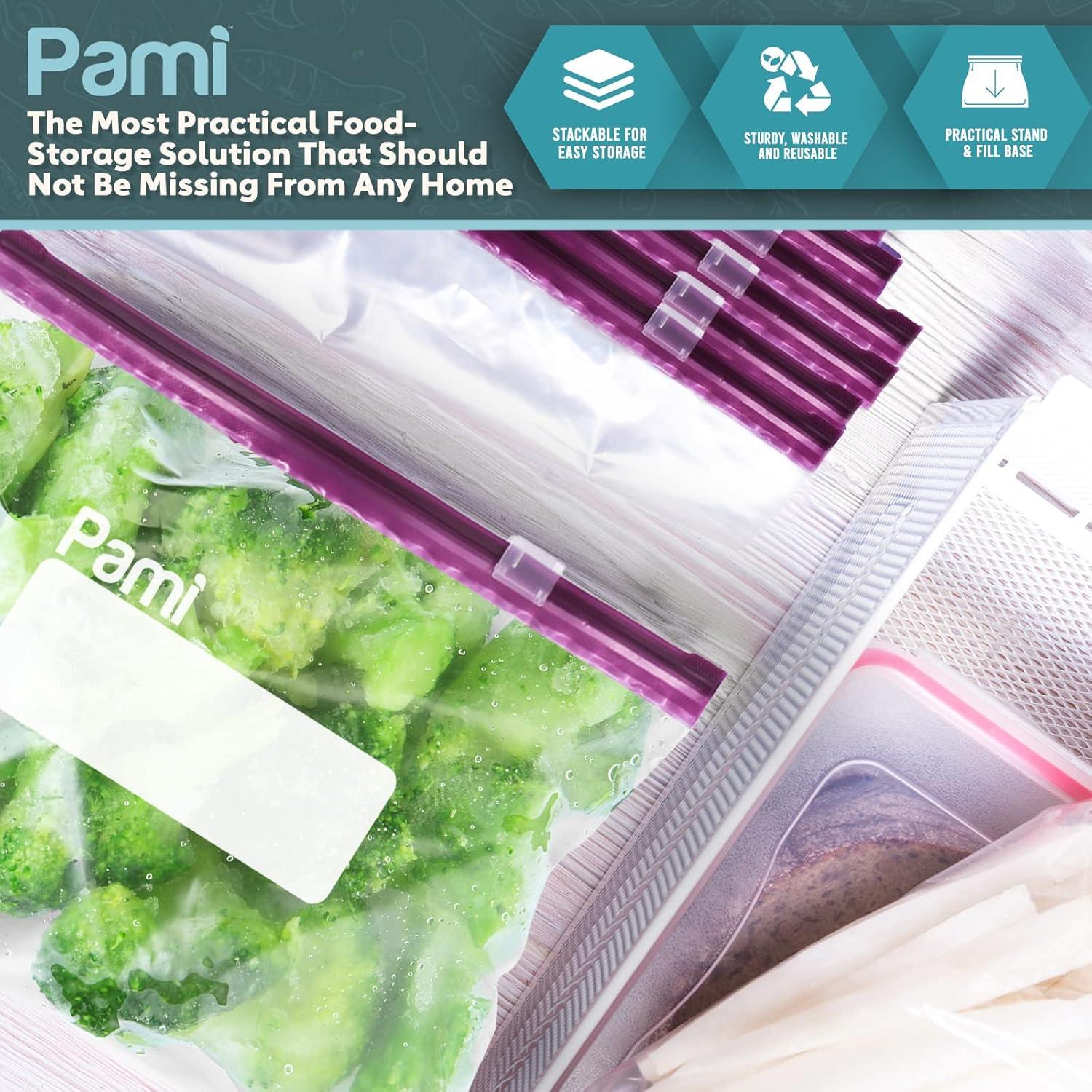 imagePAMI Thick Leakproof Reusable Slider Zipper Food Storage Bags for Pantry and Freezer with Expandable Base and WriteOn Label Quart 50 Clear50