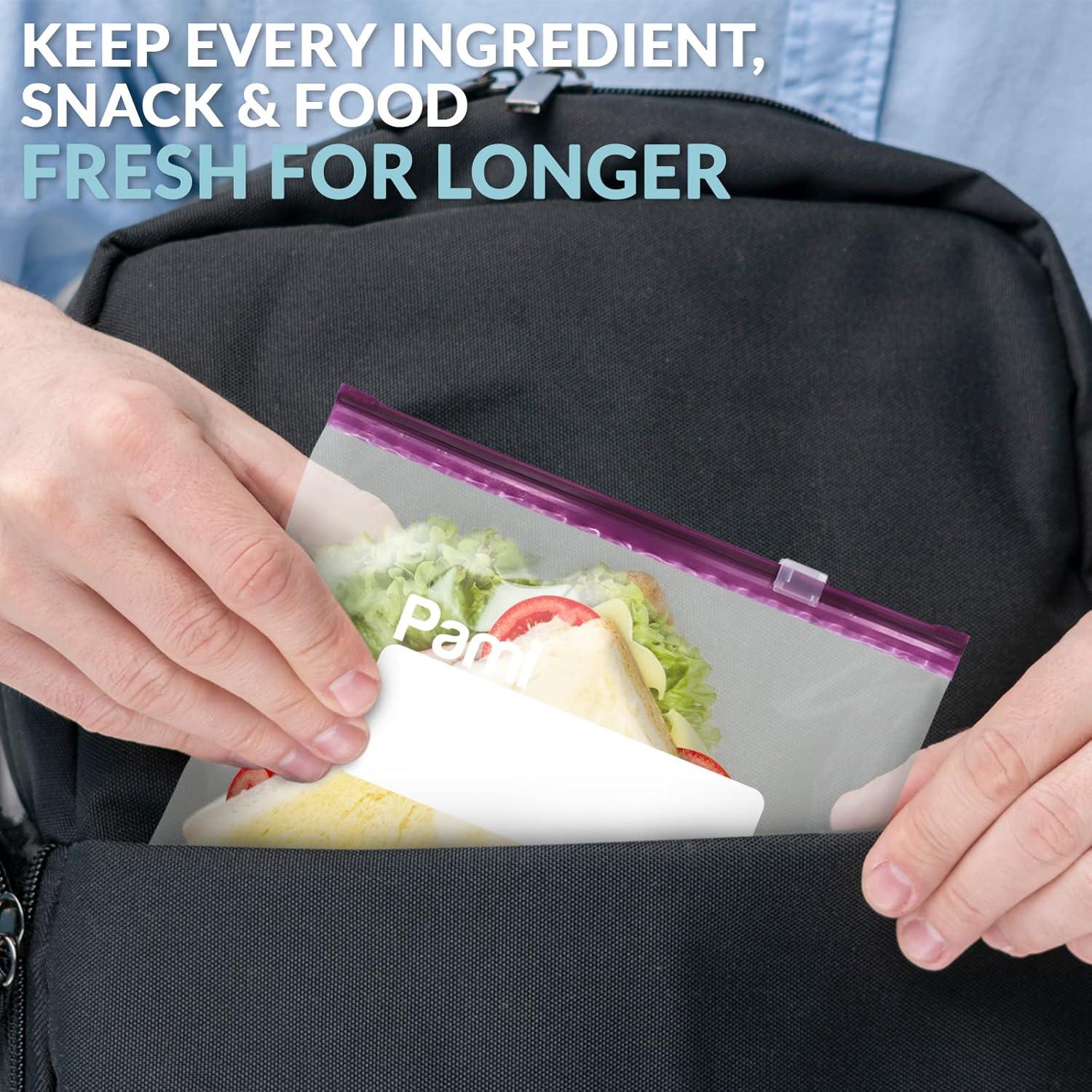 imagePAMI Thick Leakproof Reusable Slider Zipper Food Storage Bags for Pantry and Freezer with Expandable Base and WriteOn Label Quart 50 Clear50