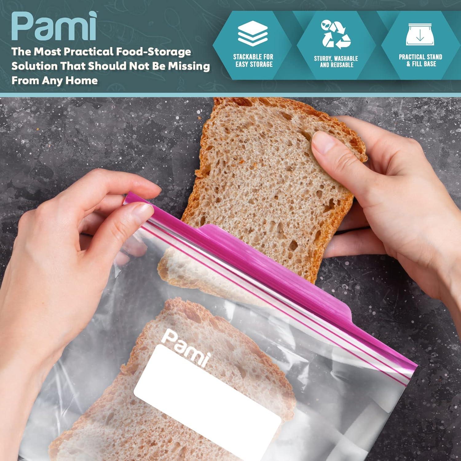imagePAMI Leakproof Reusable Double Zip Sandwich Bags with Expandable Bottom and WriteOn Label Food Storage Zipper Bags Gallon 60 Clear60