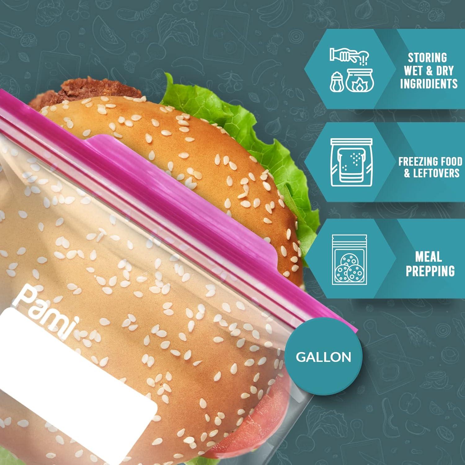 imagePAMI Leakproof Reusable Double Zip Sandwich Bags with Expandable Bottom and WriteOn Label Food Storage Zipper Bags Gallon 60 Clear60