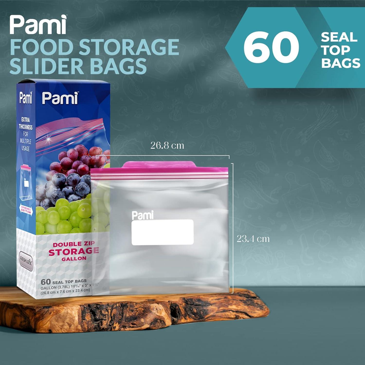 imagePAMI Leakproof Reusable Double Zip Sandwich Bags with Expandable Bottom and WriteOn Label Food Storage Zipper Bags Gallon 60 Clear60