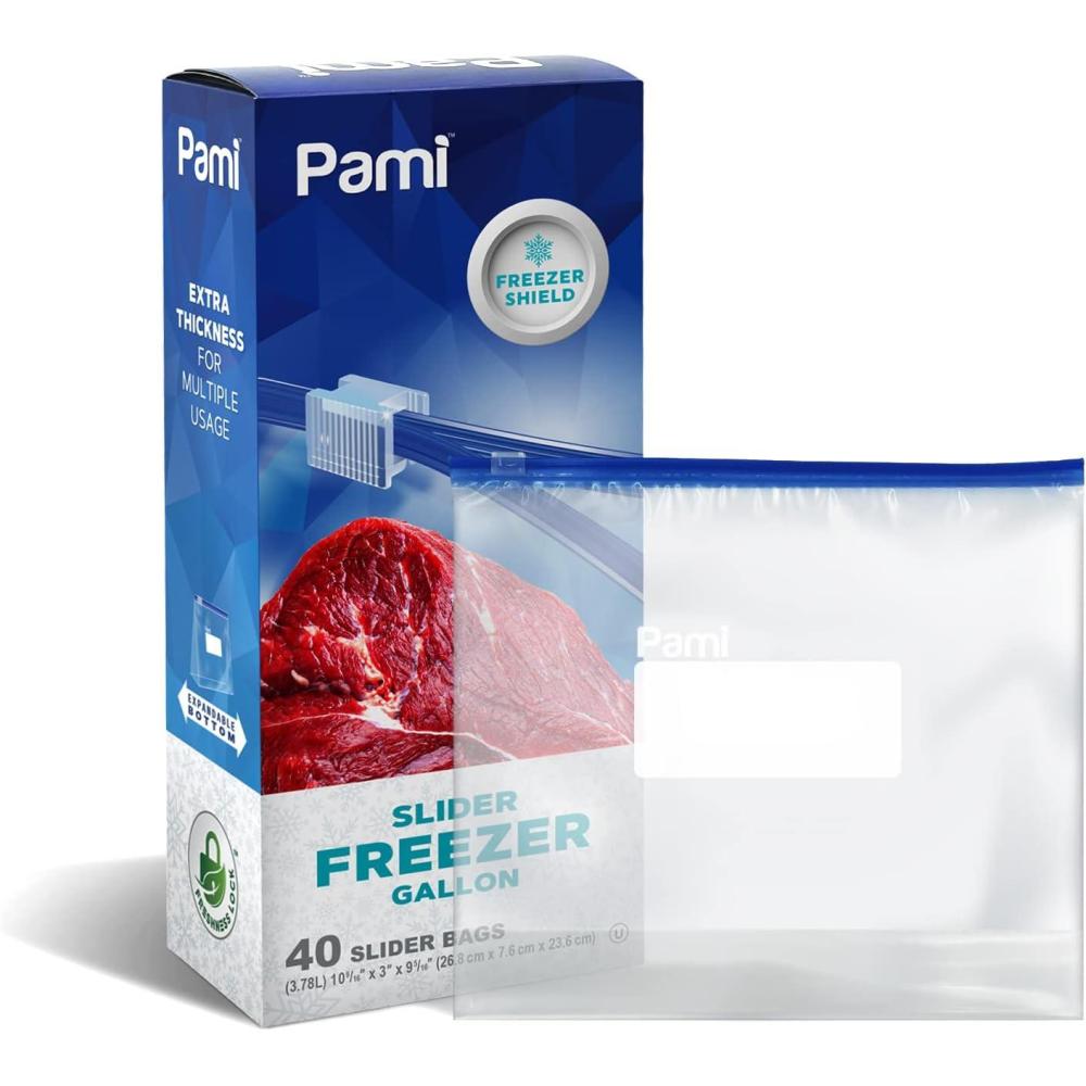 imagePAMI Slider Gallon Freezer Bags 40 Pack Leakproof FreshnessLock FoodSafe Storage with Expandable Bottom