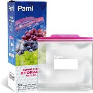PAMI Leakproof Reusable Double Zip Sandwich Bags with Expandable Bottom and Write-On Label, Food Storage Zipper Bags (Gallon 60 Clear)(60)